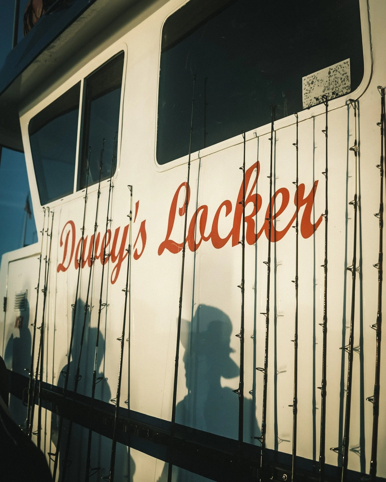 Ice cream truck with the sign 'Dolly's Locker' and string lights in front.