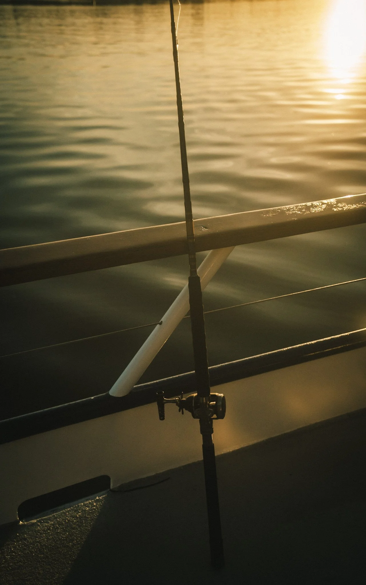 Fishing rod on a boat with a body of water during sunset.