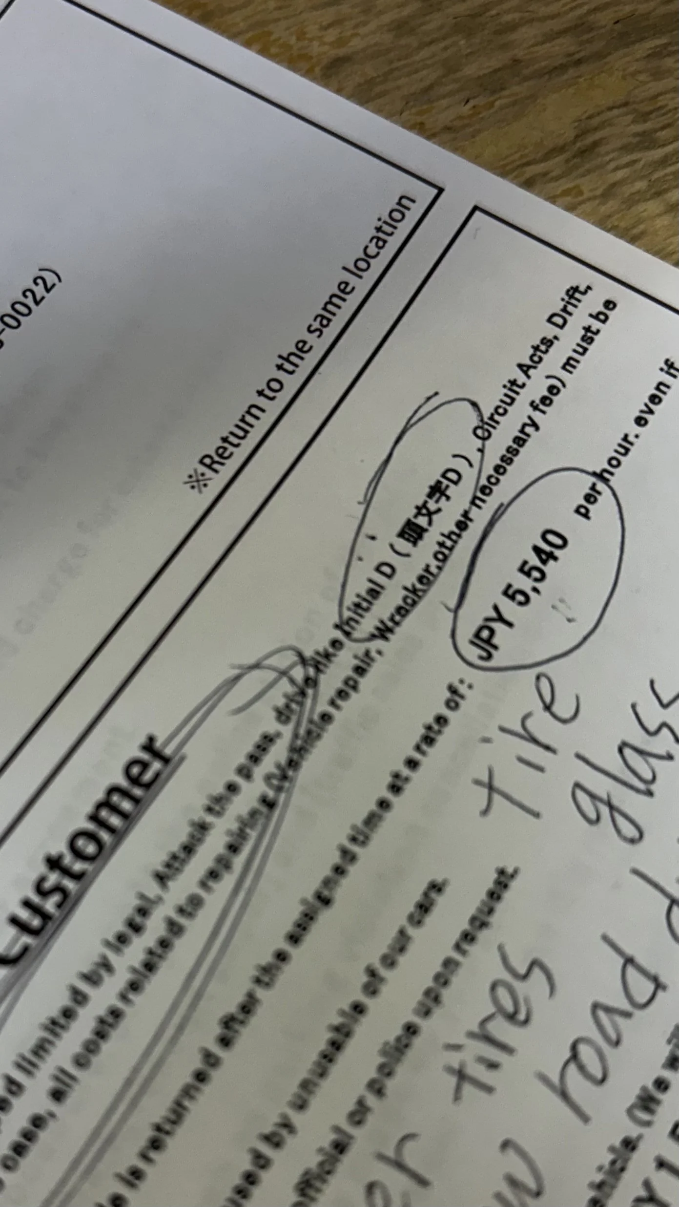Rental contract reads "No Initial D"