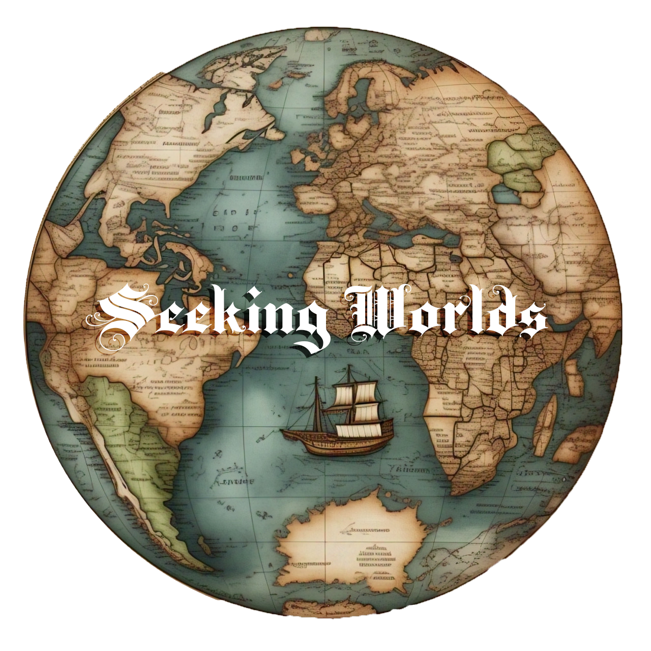 An antique-style map of the world with a ship illustration and the words 'Seeking Worlds' overlaid.