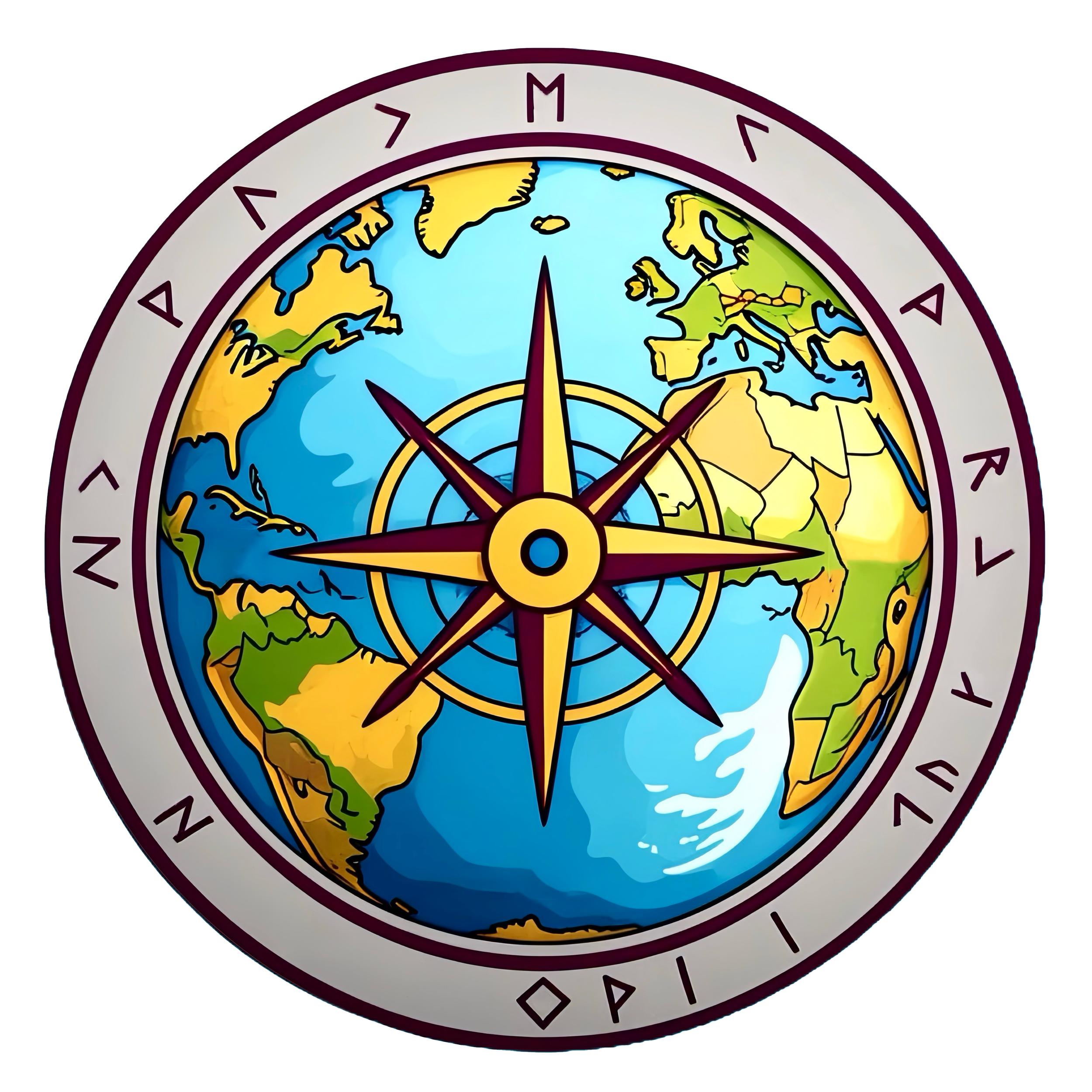 A colorful globe map of the world, centered on the Atlantic Ocean, with a compass rose overlay indicating directions, surrounded by a white border with black cardinal direction letters.