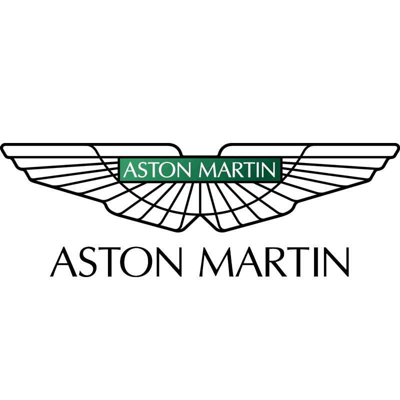 A logo featuring stylized wings with 'Aston Martin' written across the center in a green rectangle, and 'Aston Martin' written below in black text.
