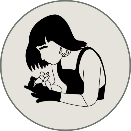 A black and white illustration of a woman with short hair, wearing a sleeveless top and gloves, looking down and writing in a notebook.