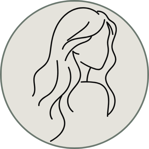 Line drawing of a woman with wavy hair, turned to the right, with her face partially obscured.