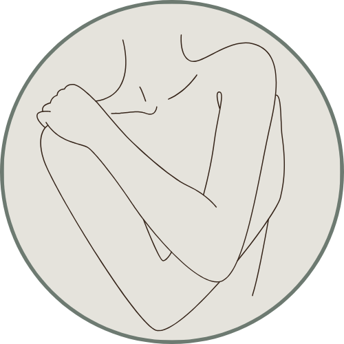 Minimalist line drawing of a person hugging themselves with arms crossed over chest.