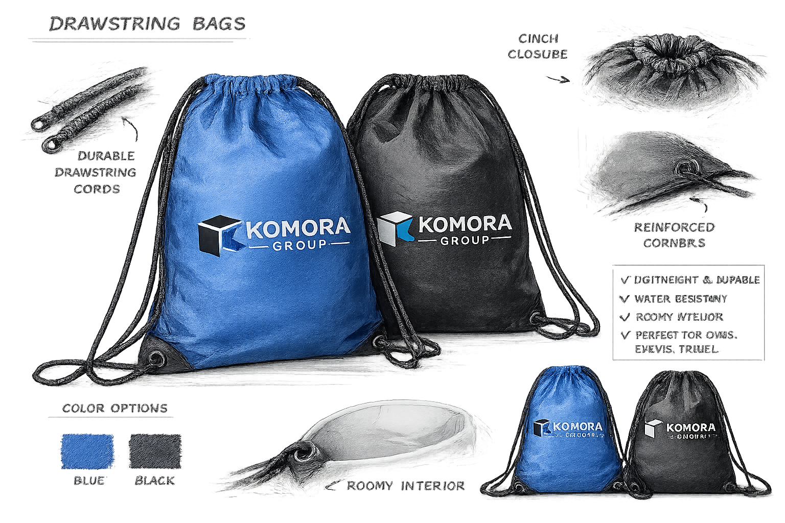 A promotional image of drawstring bags with the Komora Group logo, available in blue and black. Features include durable drawstring cords, cinch closure, reinforced corners, and water-resistant, lightweight, and perfect for gym or travel use.
