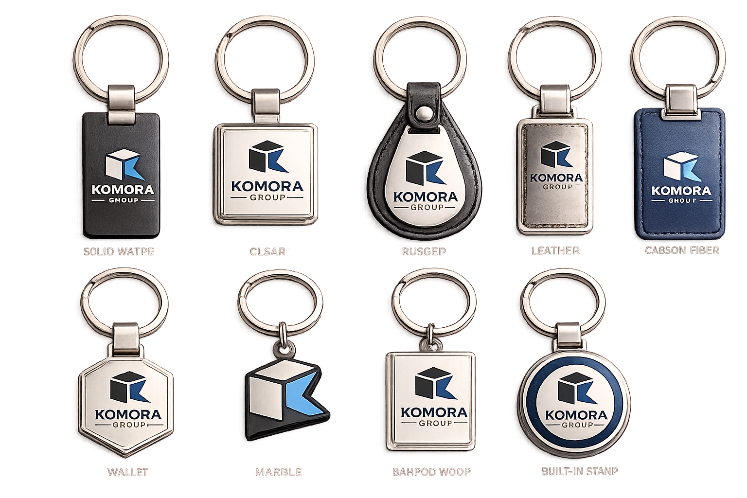 Set of keychains with various designs and labels, all featuring the Komora Group logo, displayed on a beige background.