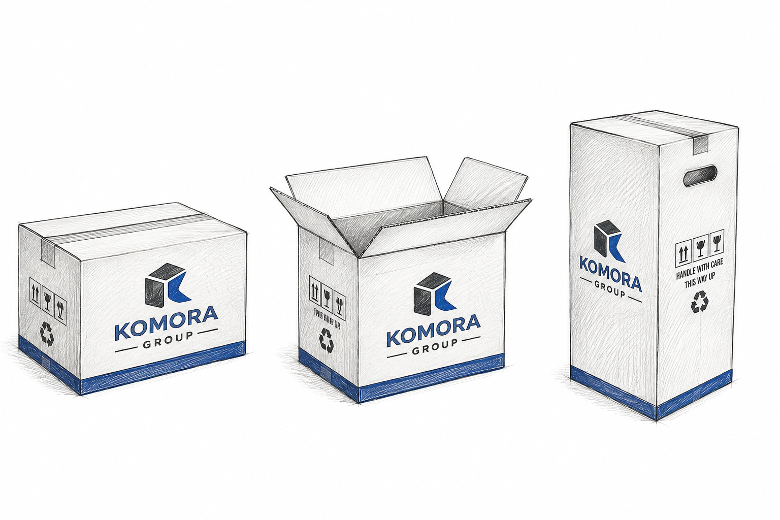 Three cardboard boxes labeled KOMORA GROUP, with one open flaps, showing various handling and recycling symbols, including arrows, a heart, a glass, a bottle, a recycle icon, and a caution symbol, on a plain background.