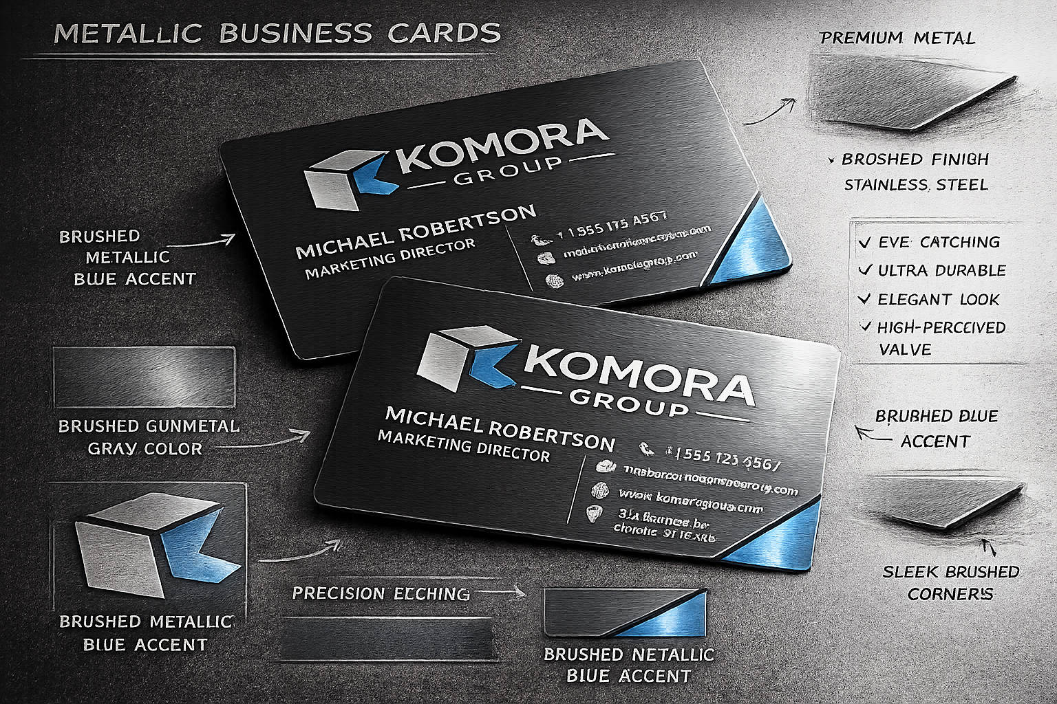Two sleek business cards with a black brushed metal finish and blue accents placed on a textured black background. The cards display company logo, name, contact person, phone number, email, and website, with design annotations highlighting their metallic, brushed, and blue accents.