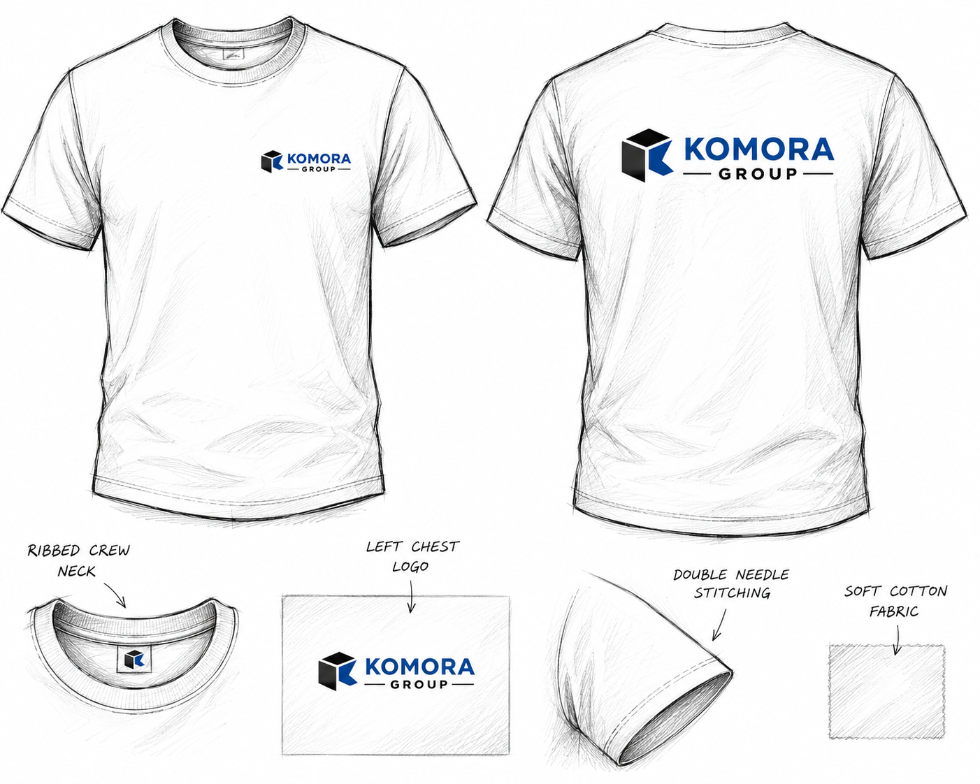 Design sketches of a white T-shirt with a logo on the front left chest and back center, showing details like ribbed crew neck, double needle stitching, soft cotton fabric, and the logo placement.