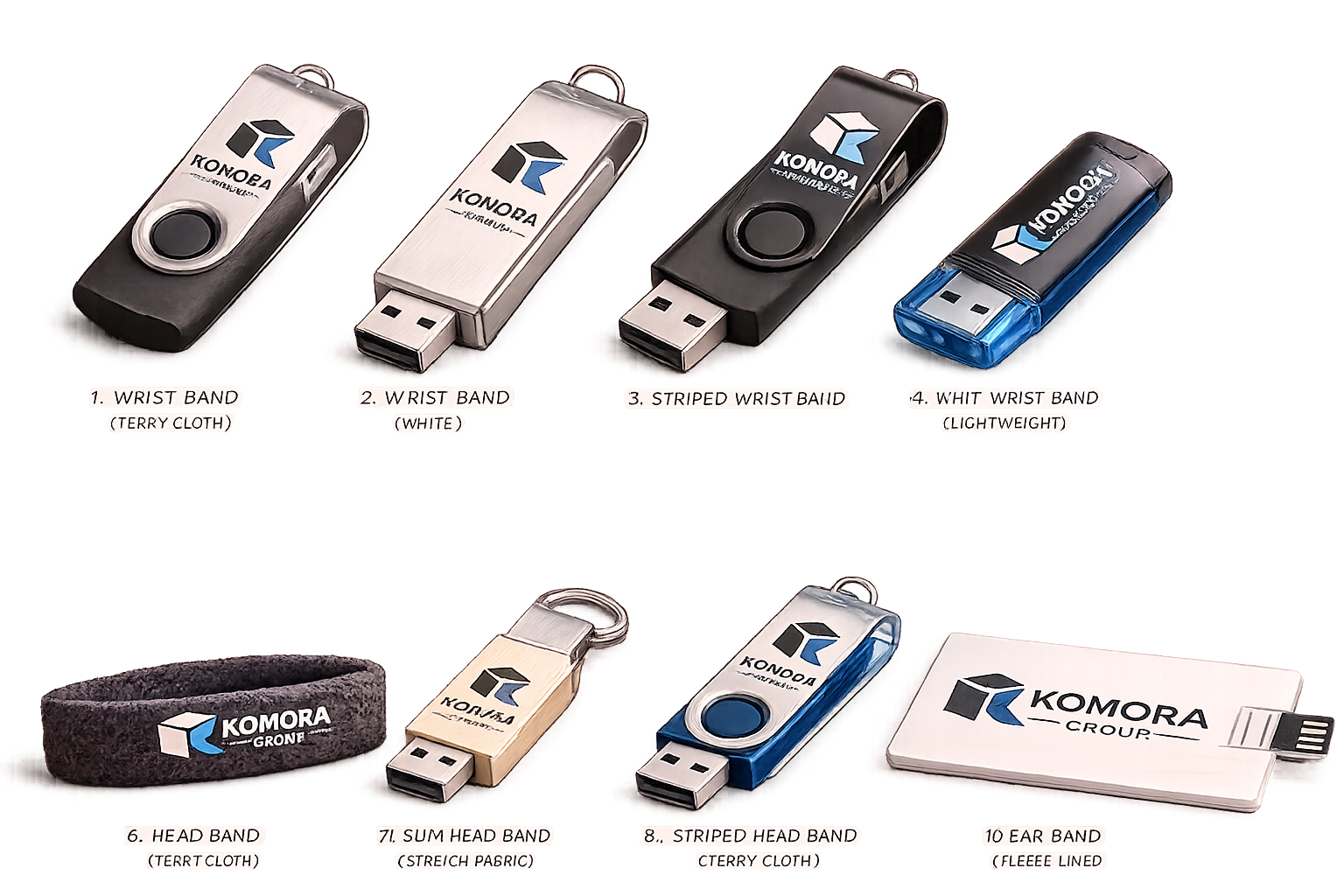 Collection of USB drives and wristbands with various designs and labels, including branded logos and different colored skins.