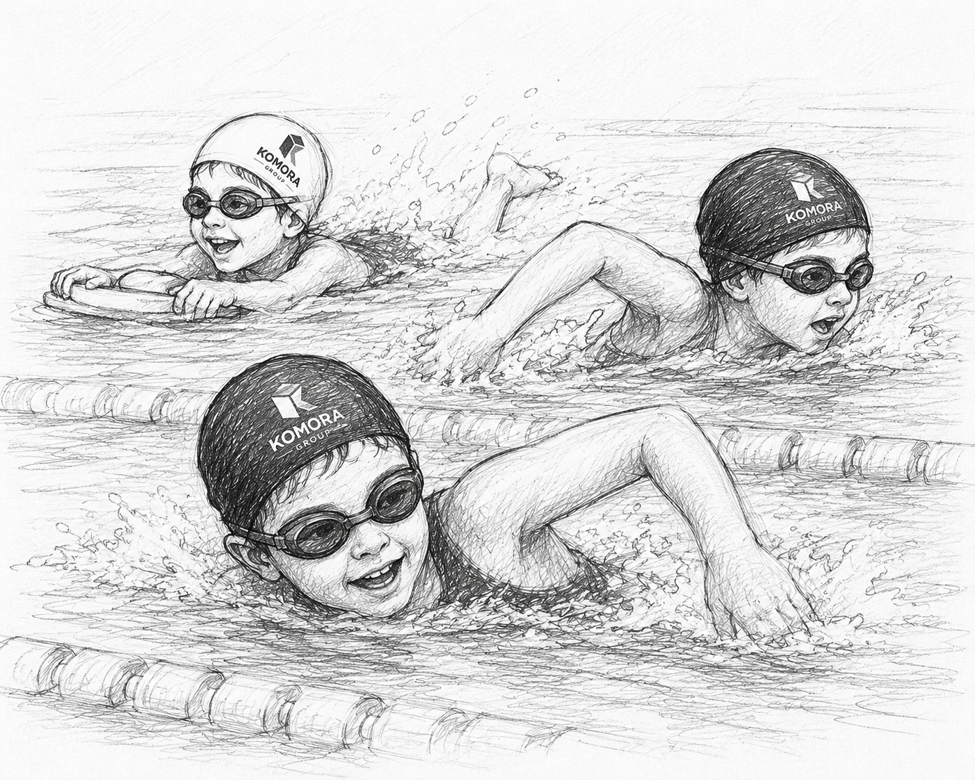 Sketch of three children swimming in a pool, wearing swim caps with the Komora Group logo and goggles, with lane ropes visible in the pool.