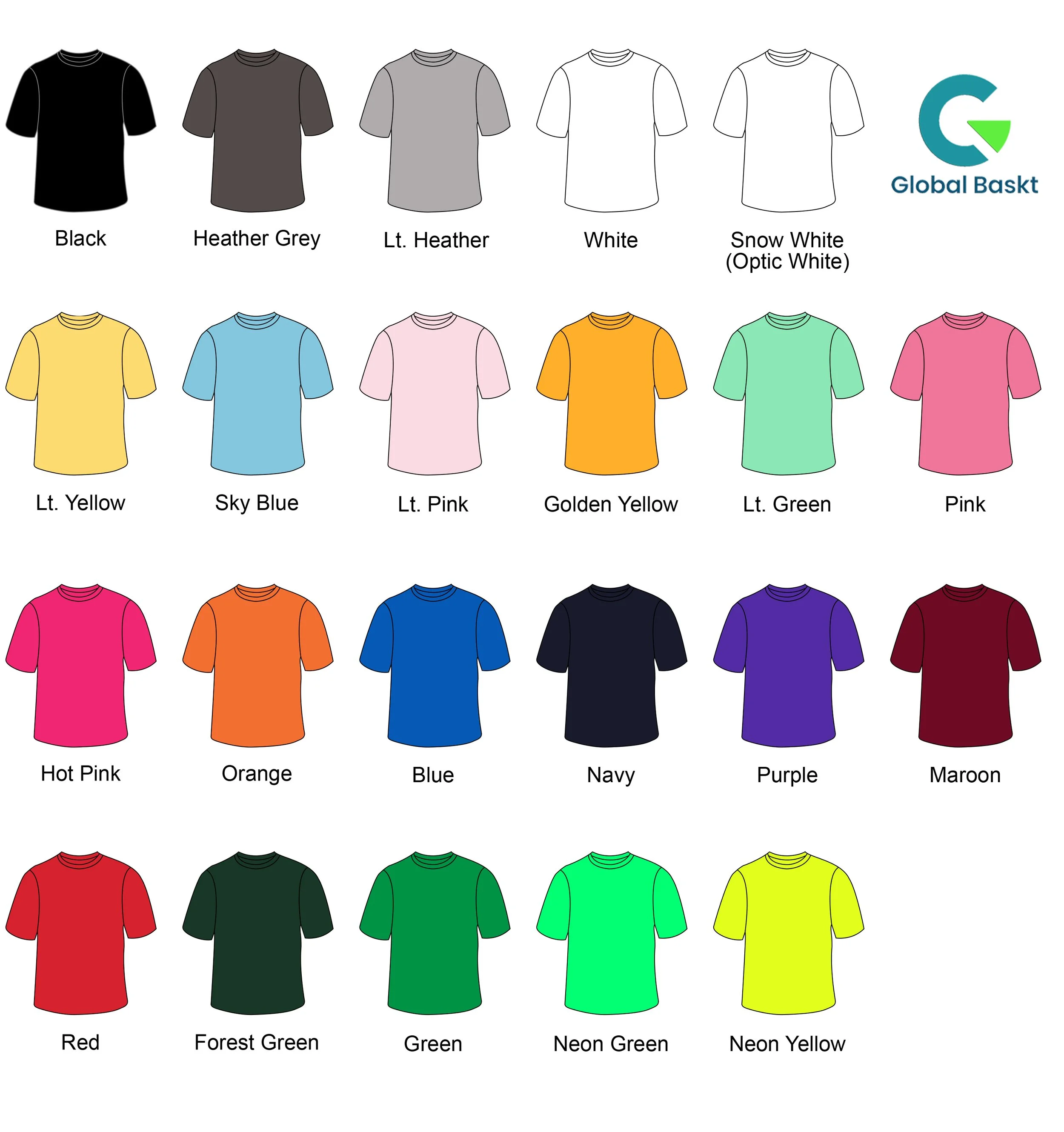A chart displaying various T-shirt colors arranged in rows, including black, heather grey, Lt. Heather, white, snow white, light yellow, sky blue, Lt. pink, golden yellow, Lt. green, pink, hot pink, orange, blue, navy, purple, maroon, red, forest green, green, neon green, and neon yellow, with a logo in the top right corner.