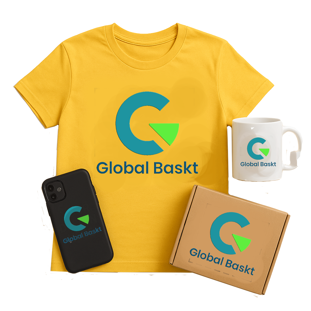 Yellow T-shirt, white mug, black smartphone, and brown box with Global Basket logo