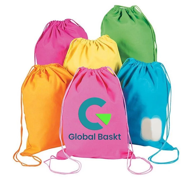 Six colorful drawstring backpacks in pink, yellow, green, orange, blue, and light pink with a "Global Basket" logo on the pink backpack.