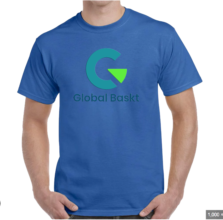 A person wearing a blue T-shirt with a logo and the text 'Global Basket' printed on it.