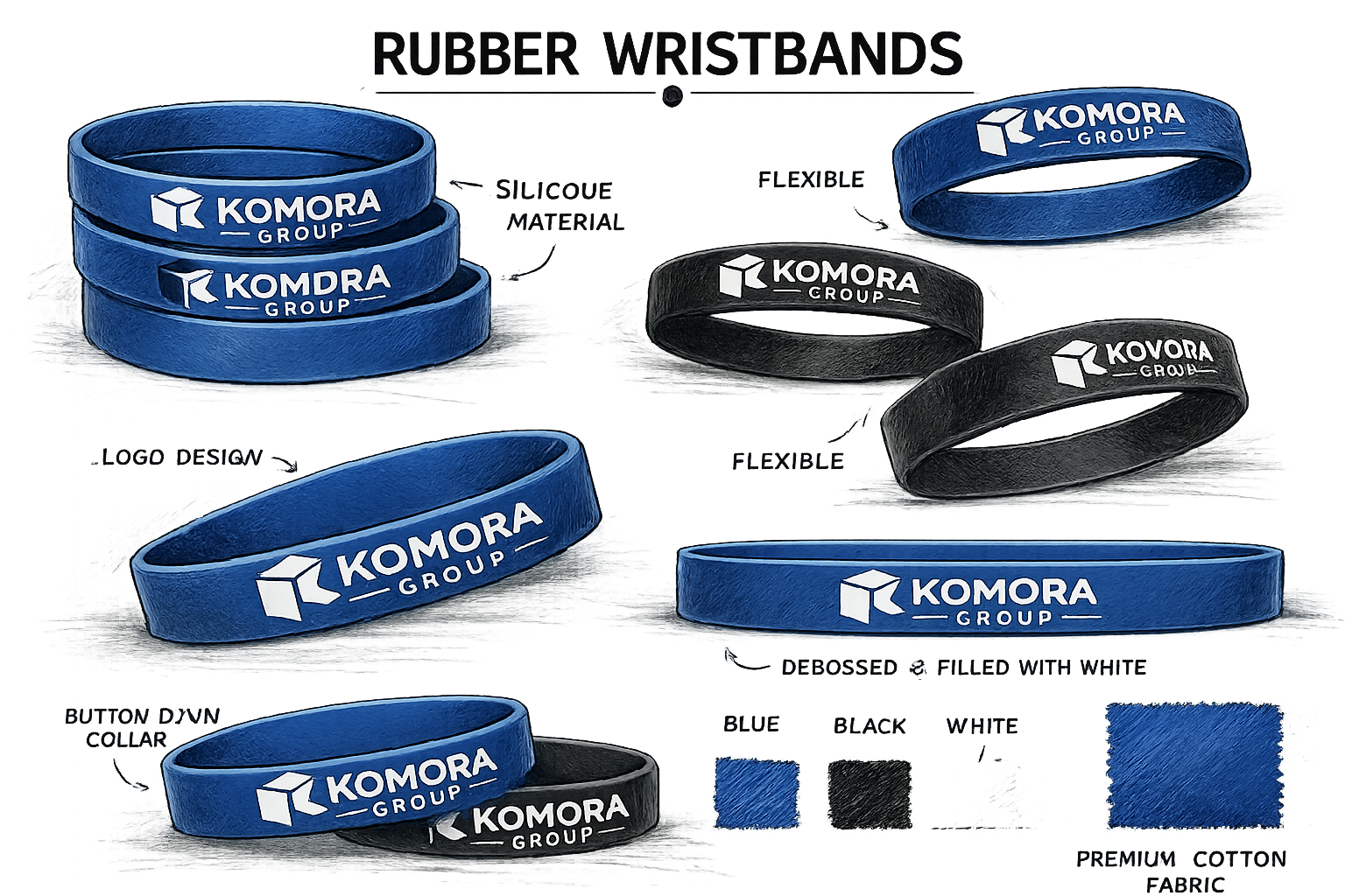 Collection of rubber wristbands in blue and black with white logo and text, showcasing different sizes, shapes, and designs, including embossed, filled, and logo variations.