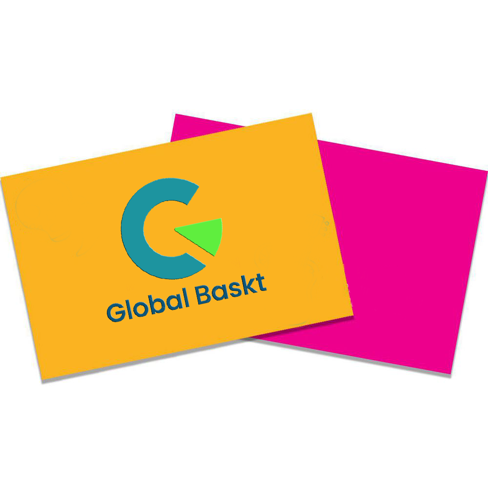 Two colorful business cards, one yellow with a logo and the text 'Global Baskt', and the other pink, overlapping each other.