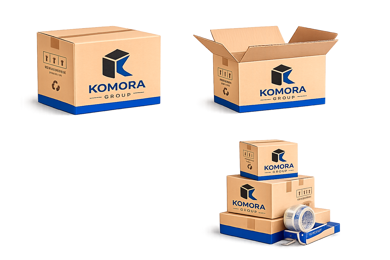 Multiple cardboard boxes with the Komora Group logo, some open, alongside packing tape and labels on a neutral surface.
