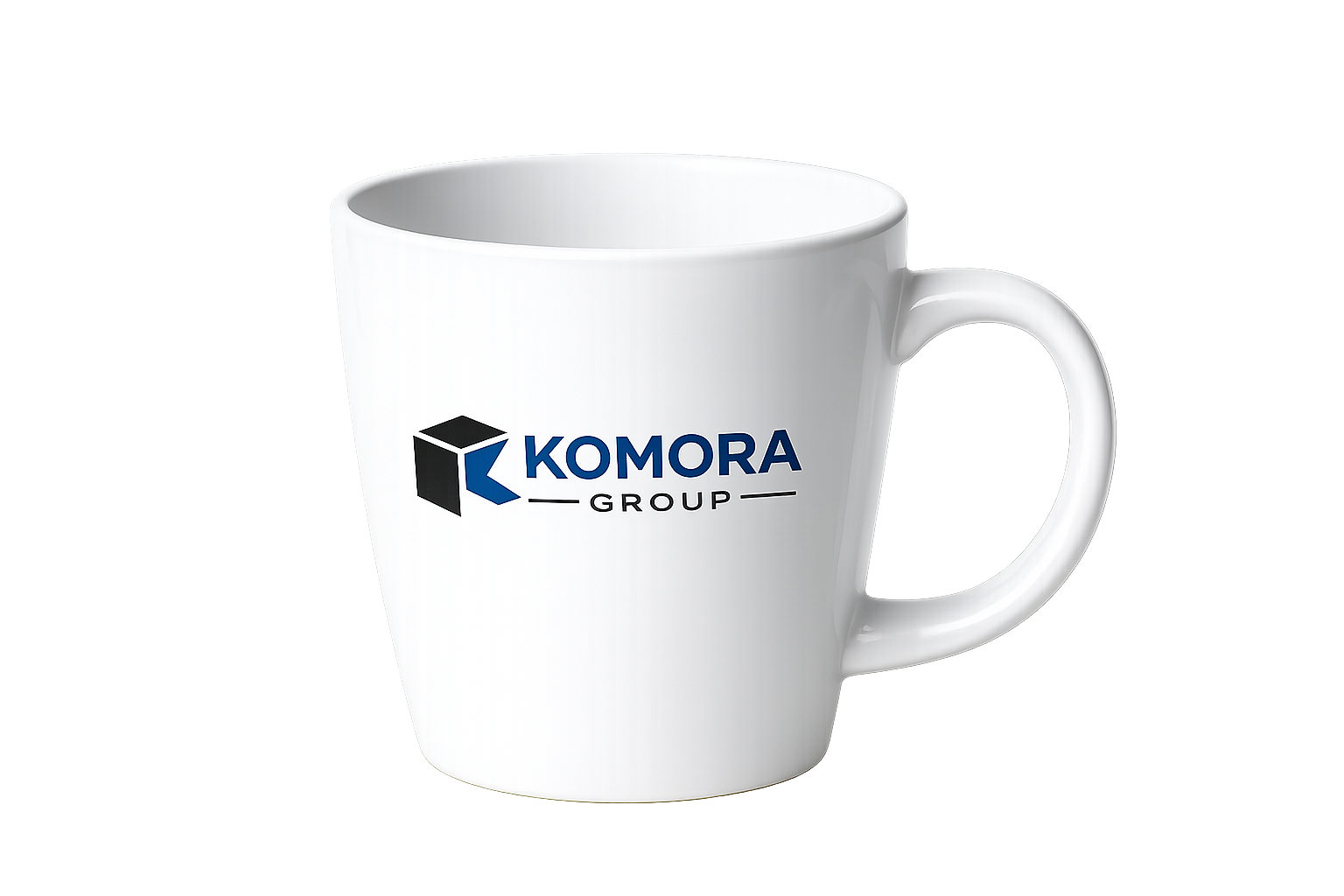 White coffee mug with the 'KOMORA GROUP' logo printed on it, set against a plain background.