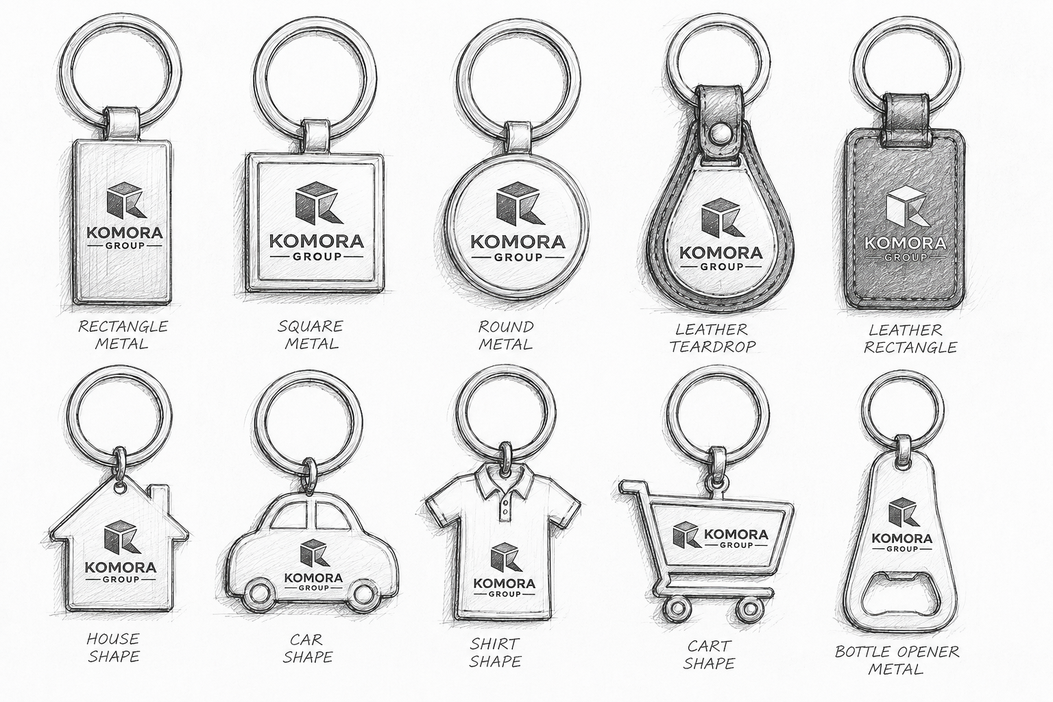 Sketches of various keychain designs featuring the KOMORA GROUP logo, including rectangle metal, square metal, round metal, leather teardrop, leather rectangle, house shape, car shape, shirt shape, cart shape, and bottle opener metal.