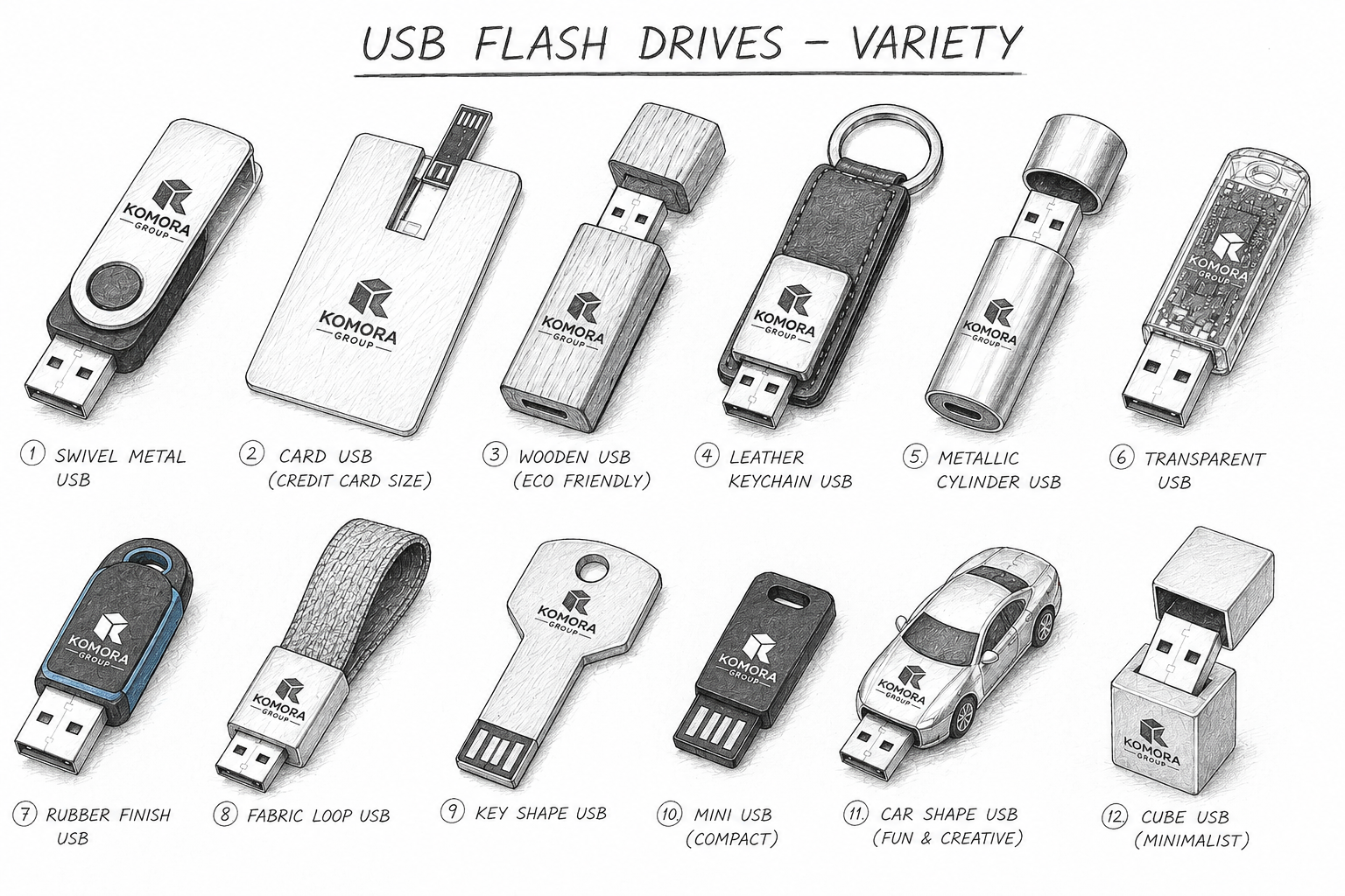 A variety of twelve USB flash drives with different designs, labeled from 1 to 12, including swivel metal, card, wooden, leather keychain, metallic cylinder, transparent, rubber finish, fabric loop, key shape, mini, car shape, and cube USBs, with the title 'USB Flash Drives - Variety' at the top.