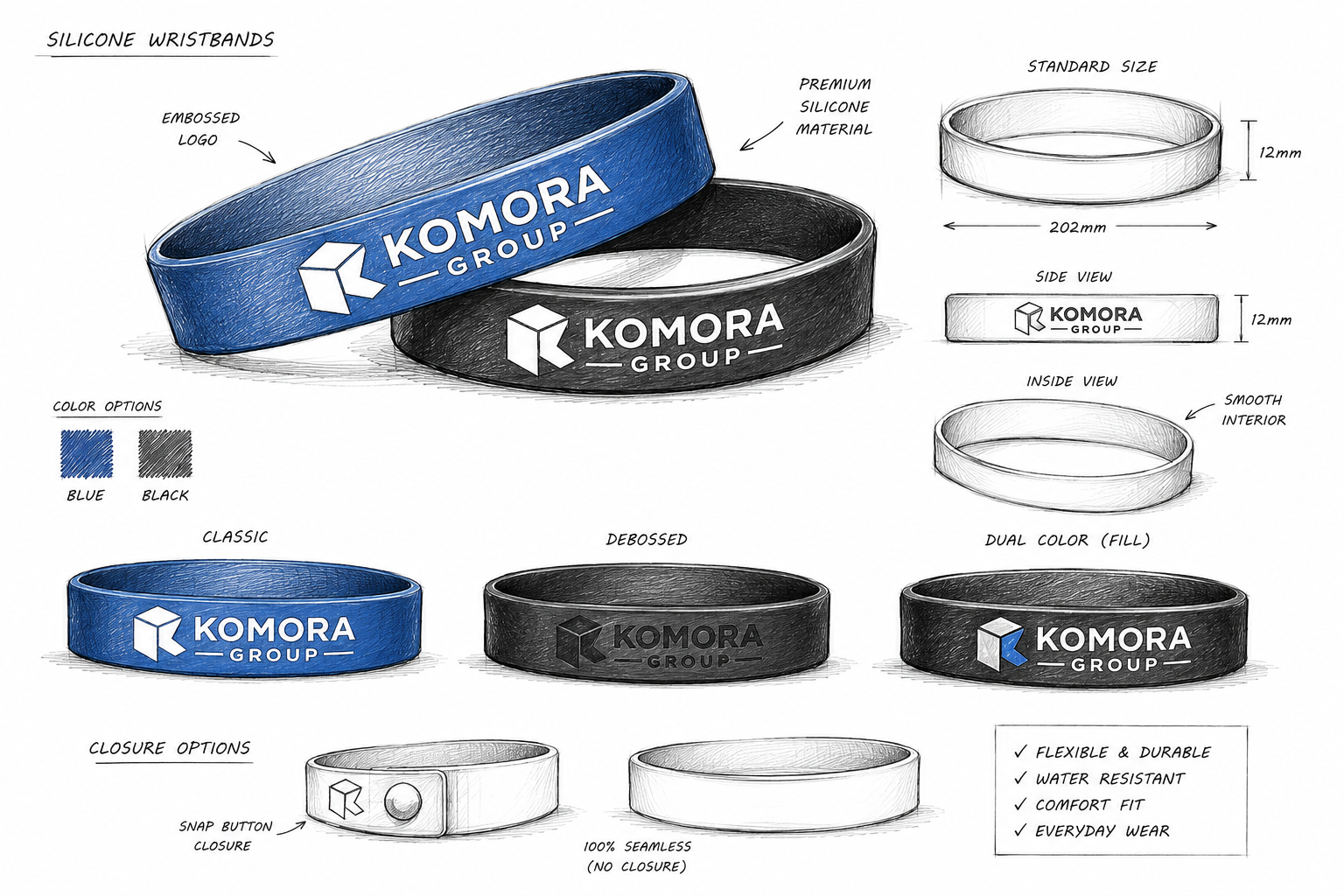 Sketch of silicone wristbands in blue, black, debossed, and dual color options, with various design features like logo embossing, closure options, and interior view, all with labeled dimensions.