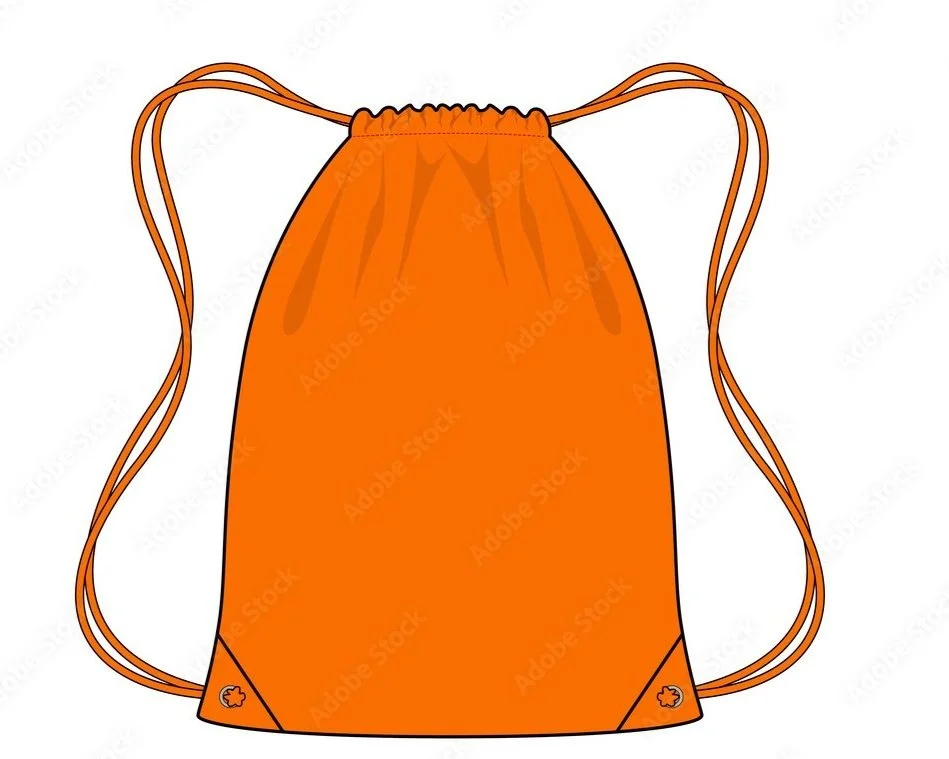 Orange drawstring backpack with black outlines and small leaf design in bottom corners.