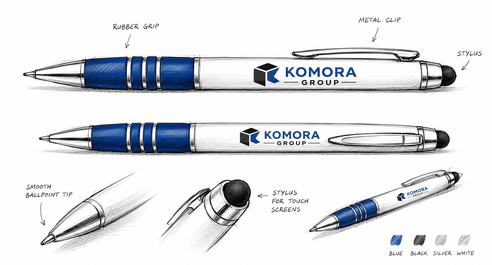 Design sketches of a promotional pen with a blue grip, metal clip, stylus, and a smooth ballpoint tip, featuring the Komora Group logo.