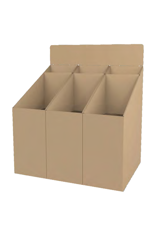 A cardboard display stand with four angled compartments for holding items.