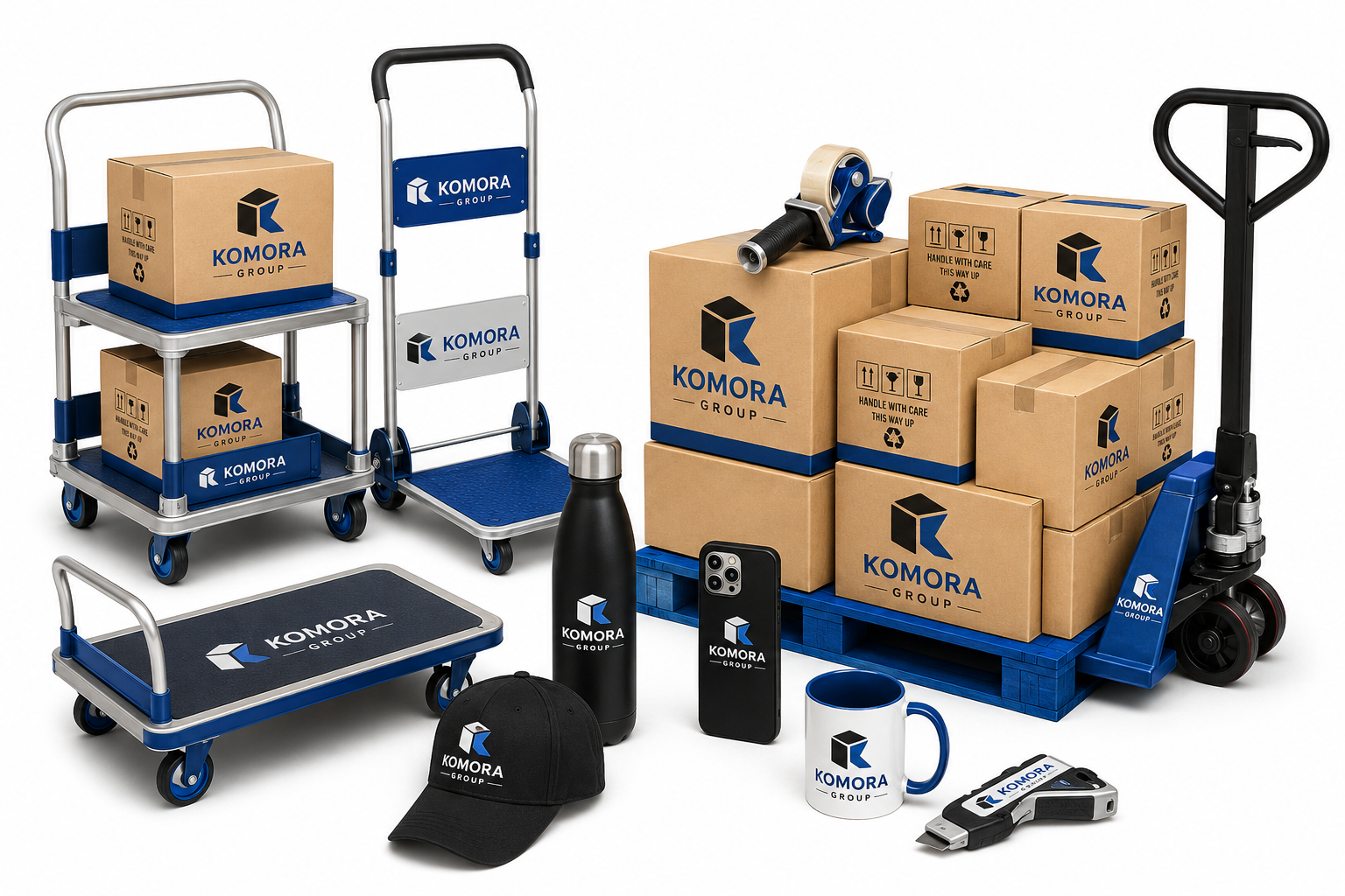 A collection of branded warehouse and moving equipment, including boxes, hand truck, flat cart, water bottle, coffee mug, cap, smartphone, barcode scanner, and packing tape dispenser, all with the Komora Group logo.