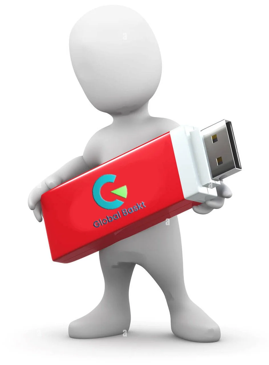 A 3D humanoid figure holding a large red USB flash drive with a logo and the words 'Global Baskt' on it.