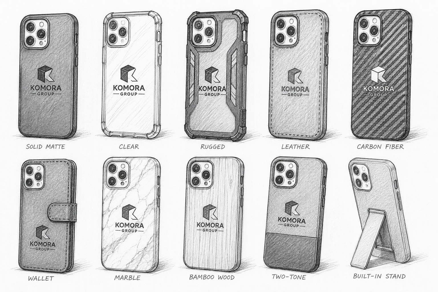 Drawing of ten different phone cases and a stand, labeled with different styles and materials: solid matte, clear, rugged, leather, carbon fiber, wallet, marble, bamboo wood, two-tone, and built-in stand.