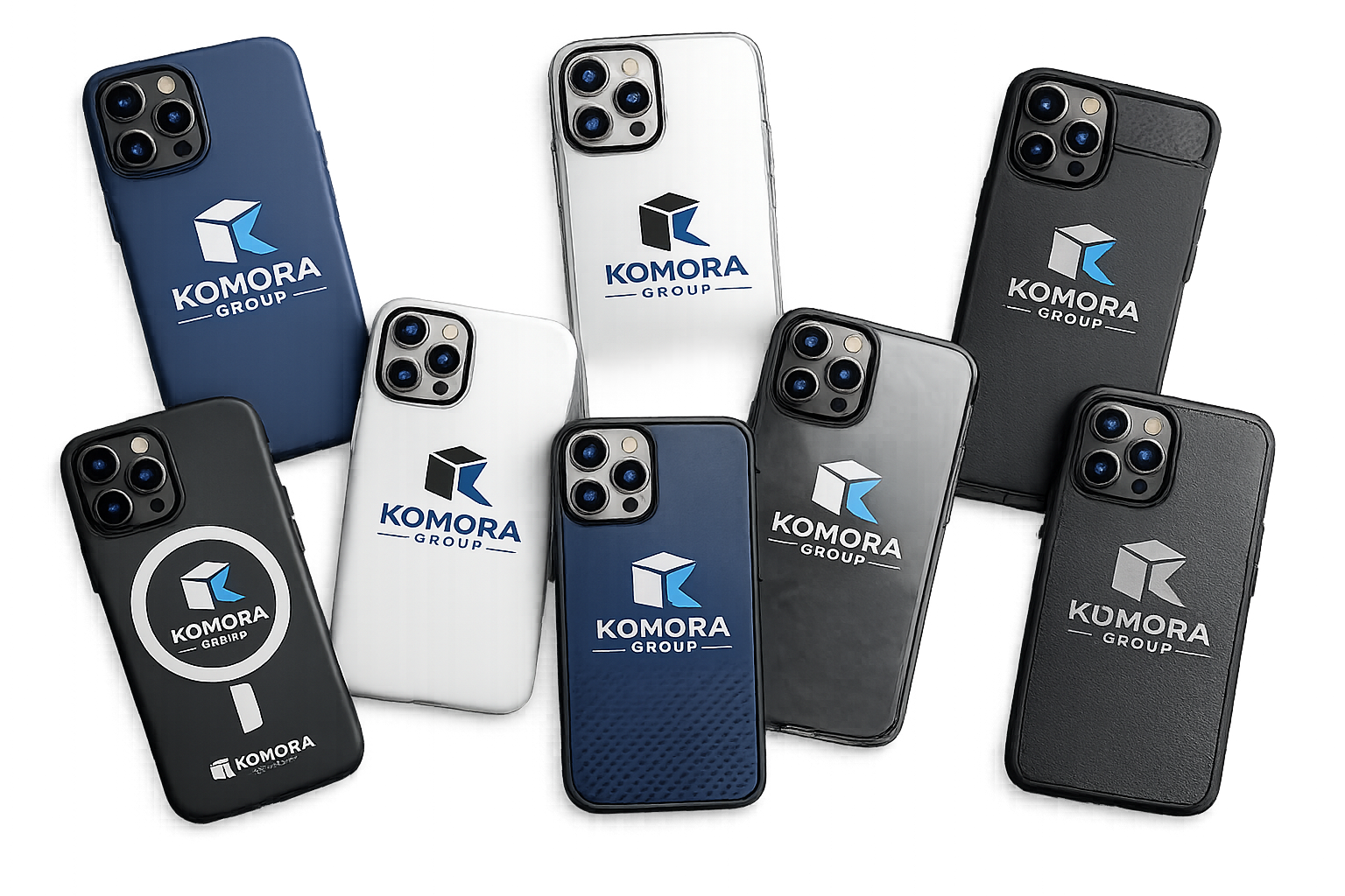 Collection of eight smartphones with case covers featuring the 'Komora Group' logo, arranged on a flat surface.