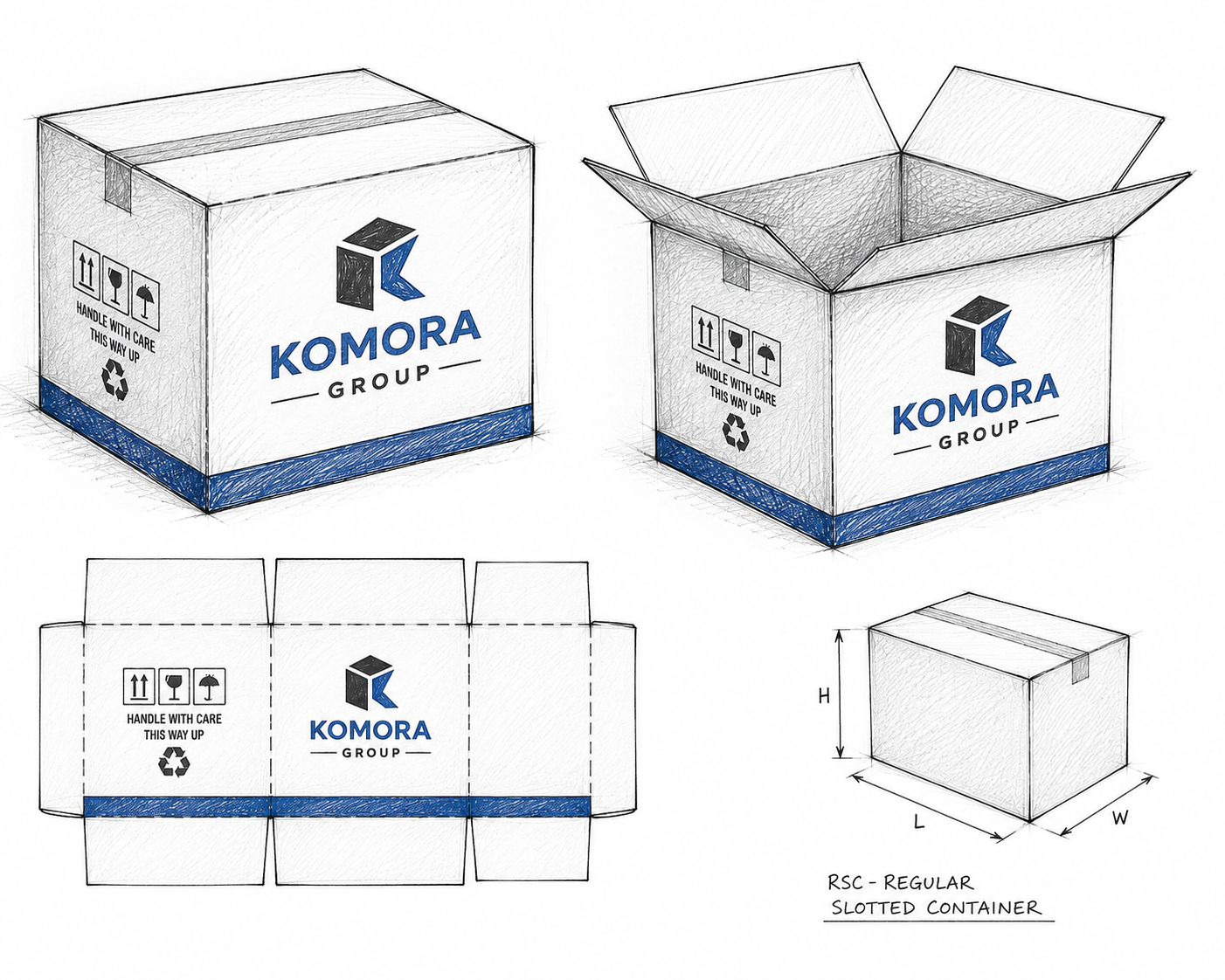 A technical drawing of a shipping box, showing different views, branding with "KOMORA GROUP," handling instructions, and dimensions labeled as length, width, and height.