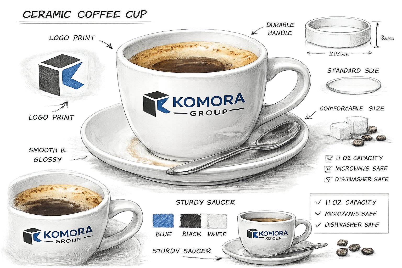 An infographic of a ceramic coffee cup with the Komora Group logo, displayed with annotations highlighting features such as logo print, durable handle, smooth glossy surface, comfortable size, 11 oz capacity, microwave-safe, dishwasher-safe, and a sturdy saucer available in blue, black, and white colors, accompanied by a spoon and coffee beans.