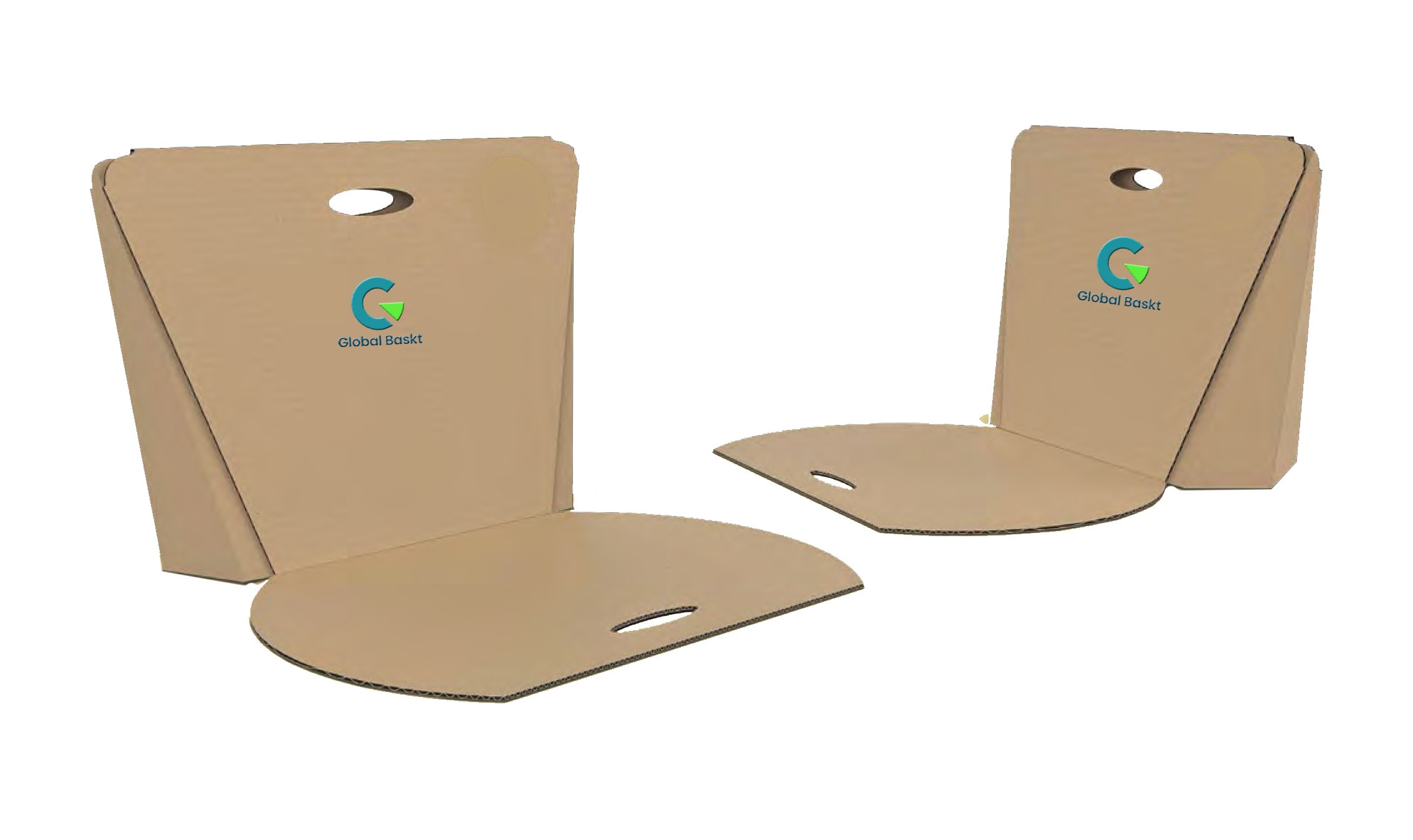 Two cardboard stands with logos that say 'Global Bastk' and a large hole at the top.