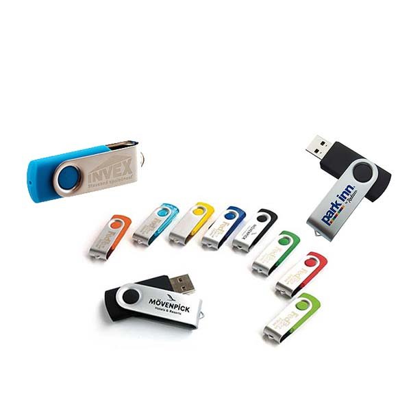 Collection of nine colorful USB flash drives with swivel covers, arranged on a white background.