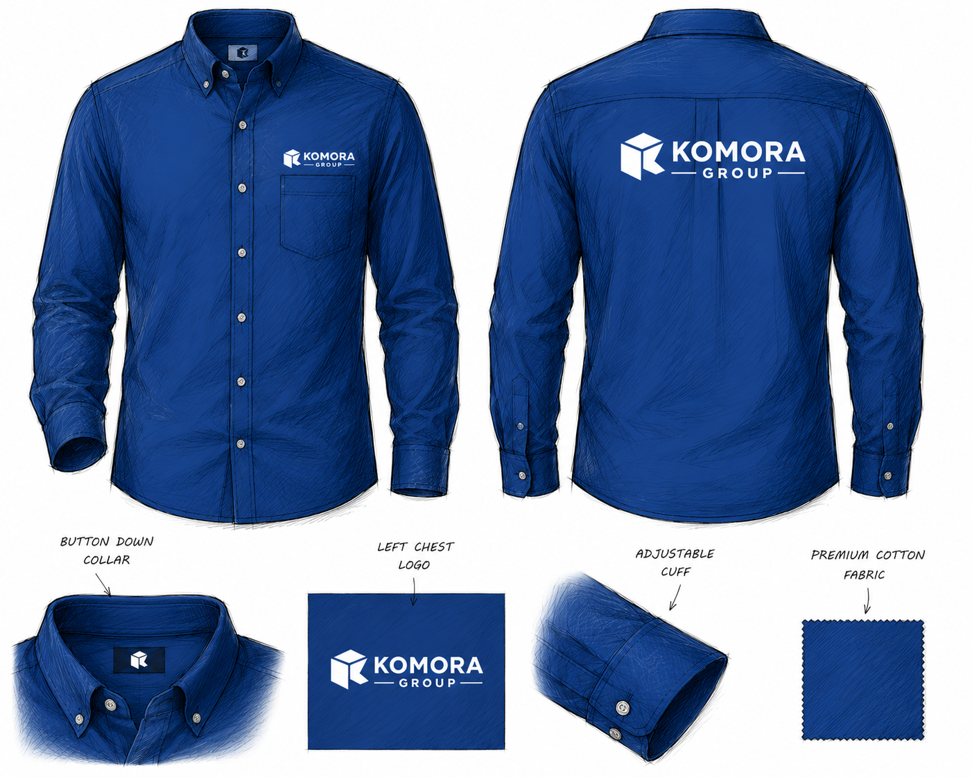 Design sketch of a blue button-down shirt with a logo on the left chest and back, showing front and back views. Includes close-up of collar, logo placement, adjustable cuff, and fabric sample.