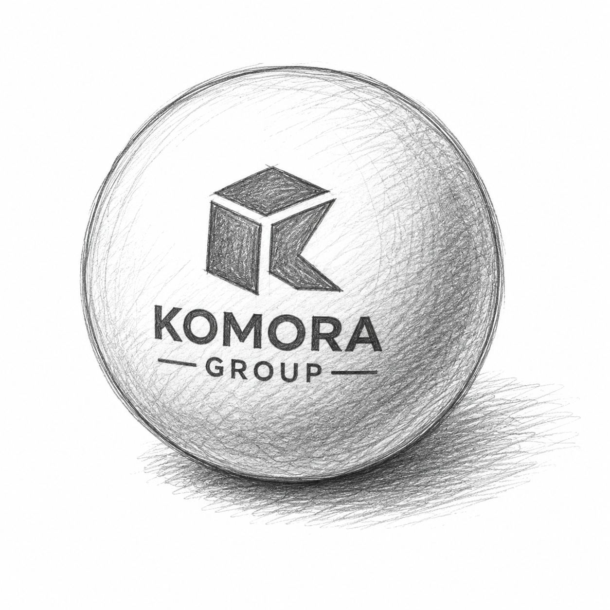 A hand-drawn sketch of a ball with the 'KOMORA GROUP' logo and text.