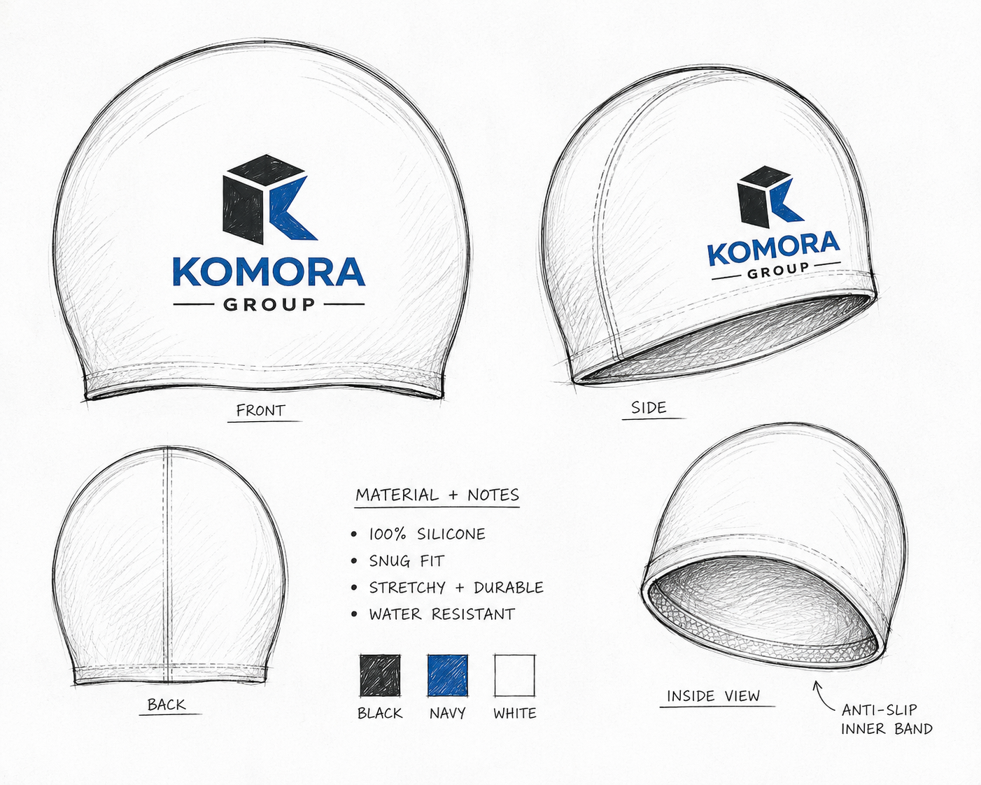 Design sketch of a swimming cap with the KOMORA GROUP logo, showing front, side, back, and inside views, material notes, and color options.