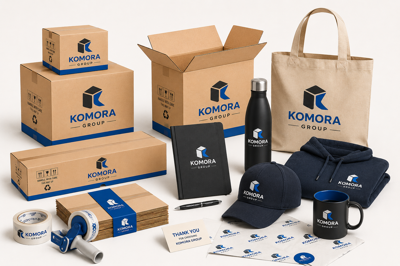Branded office supplies and merchandise for Komora Group, including cardboard boxes, a tote bag, a notebook, a pen, a water bottle, a hoodie, a cap, a mug, tape, sticker sheets, and a thank you note.