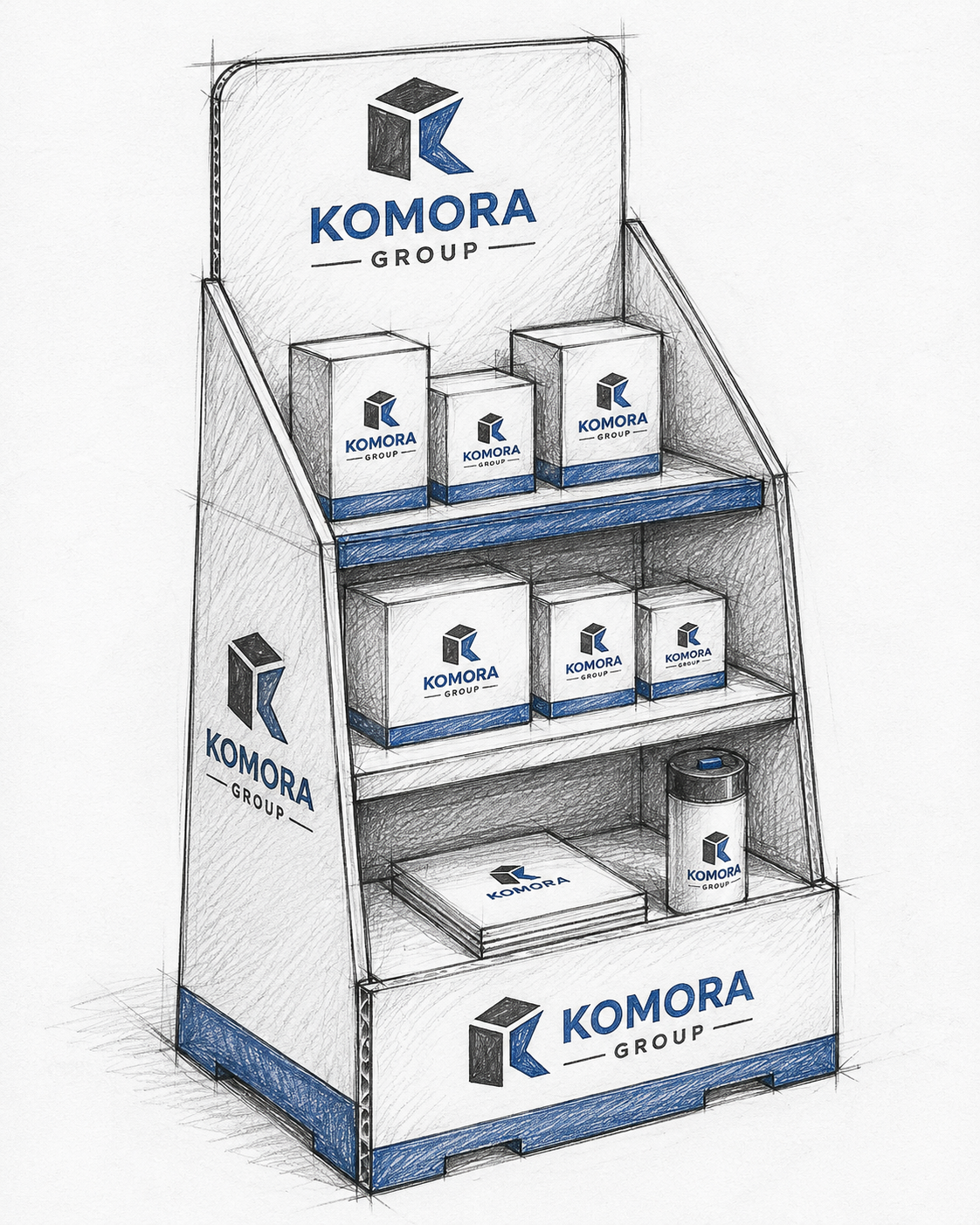 Sketch of a display stand for Komora Group, featuring branded boxes and containers with the company's logo in blue and black, arranged on multiple shelves.