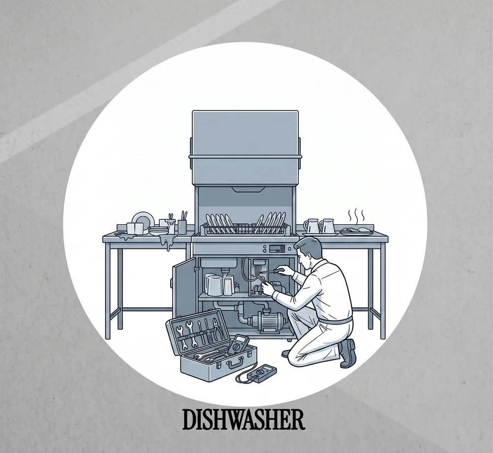 Technician servicing commercial dishwasher equipment for Cyclone HVACRWD Company