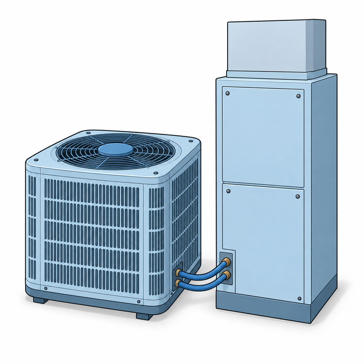Residential split air conditioning system with outdoor condenser and indoor air handler