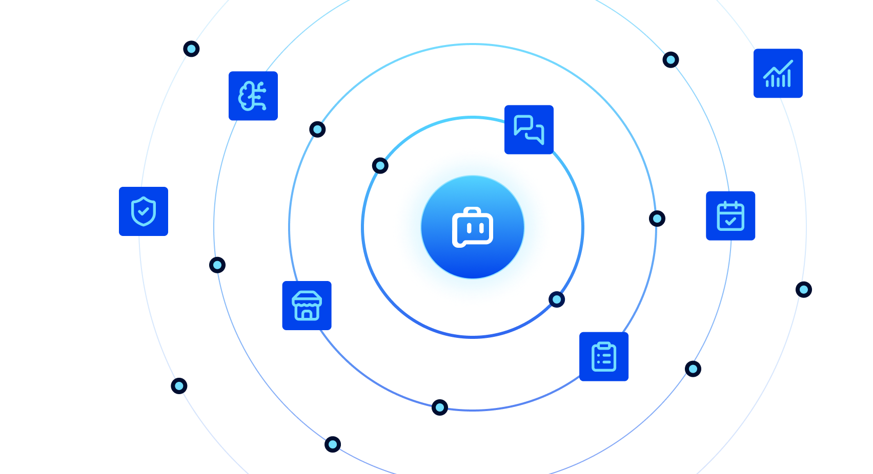 Digital illustration of a circular diagram with a robot icon at the center, surrounded by various icons representing security, shopping, handwriting, and calendar functions, connected with lines in shades of blue.