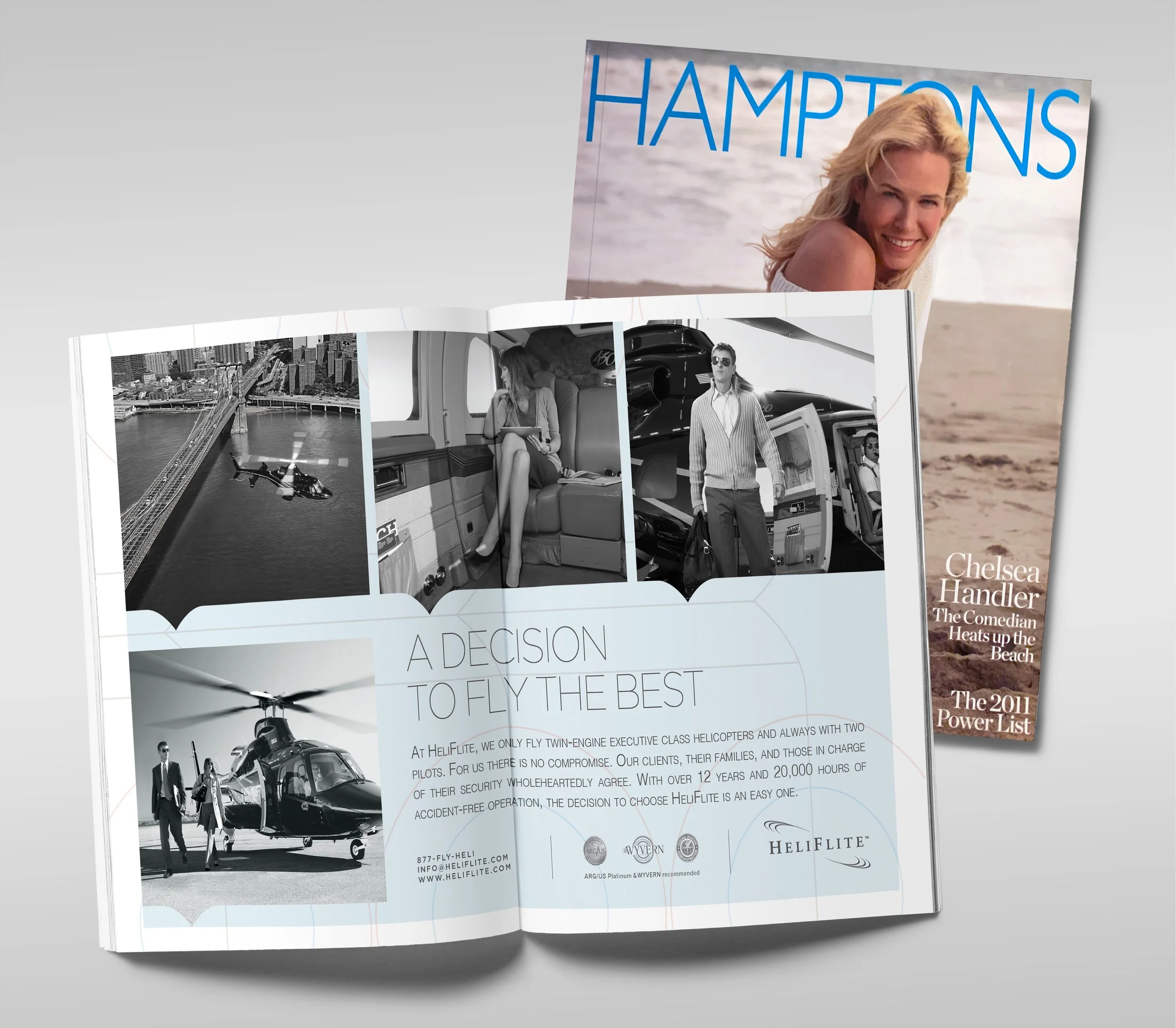 Open magazine displaying black-and-white photos of helicopters, a woman on a plane, and a man standing by a helicopter, with text about helicopter flights. Behind it, a magazine with a beach scene and a smiling woman on the cover.