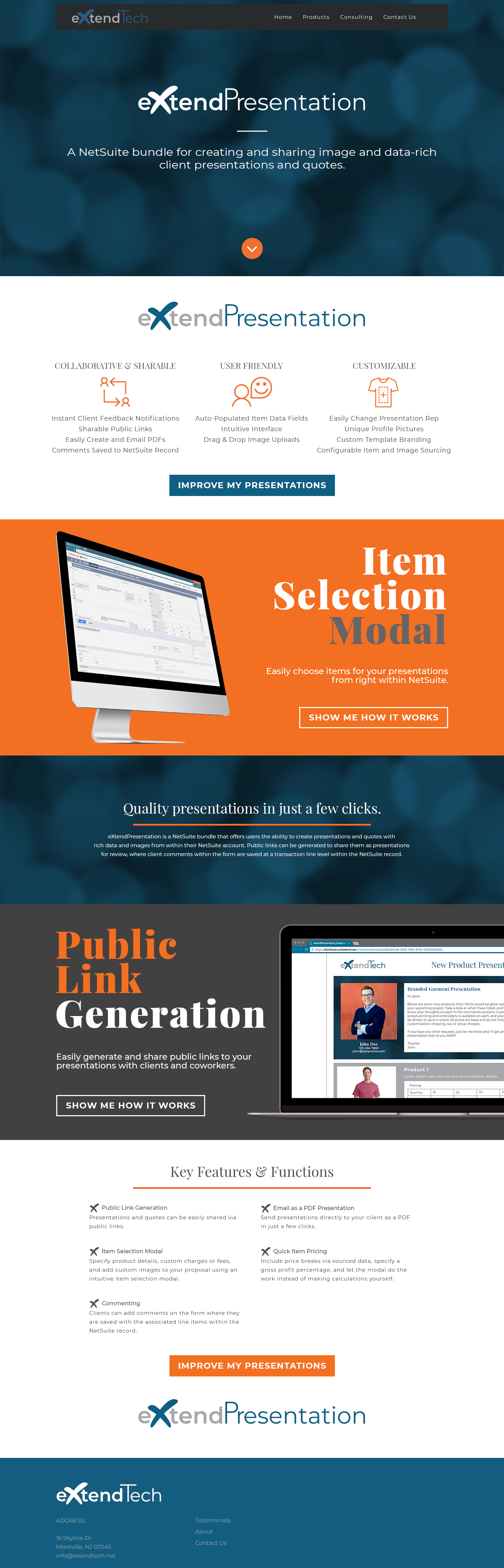 A webpage for ExtendTech promoting a product called ExtendPresentation. The page highlights features like collaboration, user-friendliness, and customization, with sections showing item selection modal and public link generation for sharing presentat