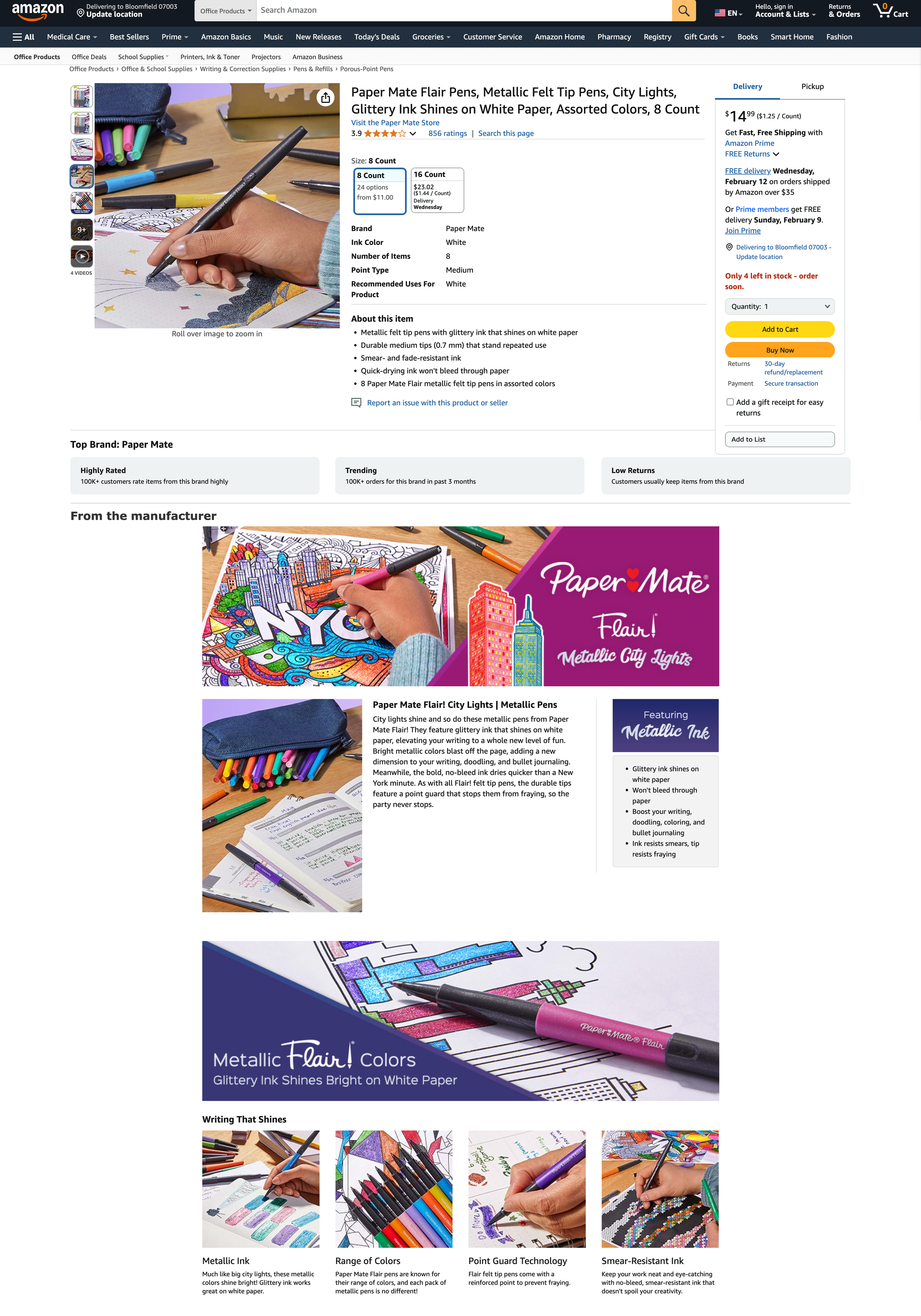 A webpage showing Paper Mate Flair pens with metallic took tips, glitter ink that shine on white paper, assorted colors, and the product packaging. The page highlights features like glitter ink, durability, smears resistance, and quick drying ink.