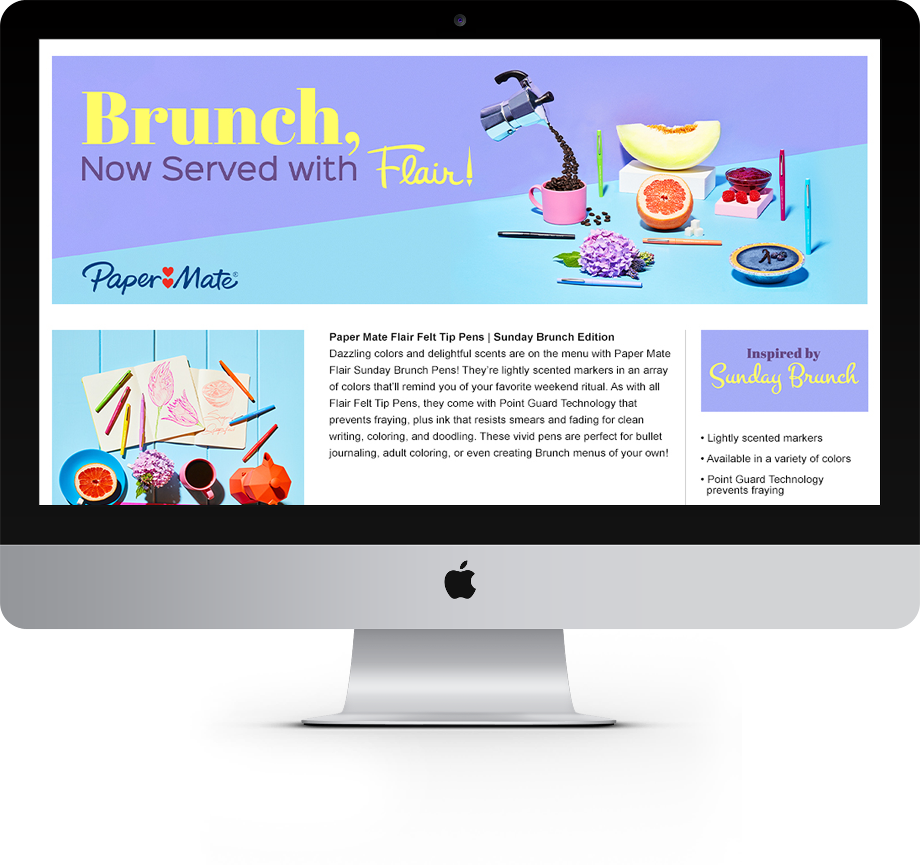 Computer screen displaying a webpage promoting Paper Mate Flair Felt Tip Pens, featuring colorful pens, fruits, flowers, and a notebook with drawings, with promotional text about the pens' scents, colors, and technology.